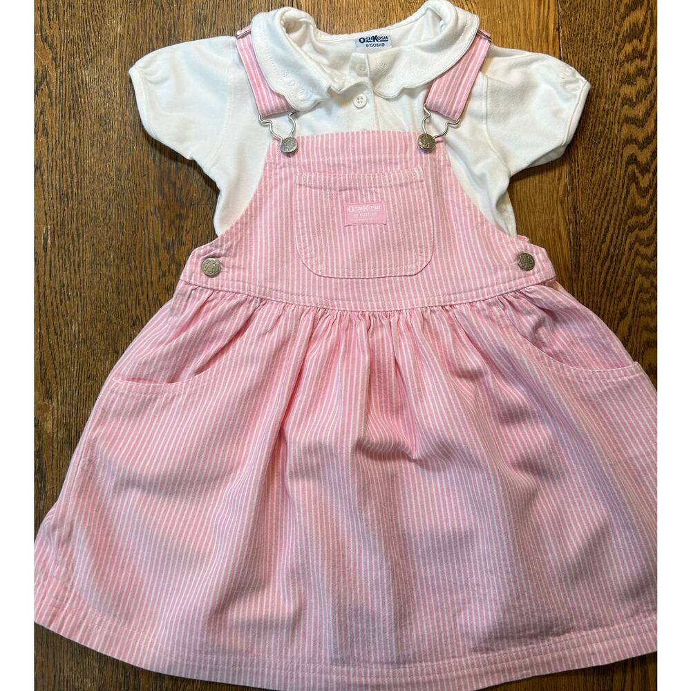 Vintage Oshkosh B’Gosh Bib Dress Set Pink Railroad White Collar T-Shirt Sz 4T